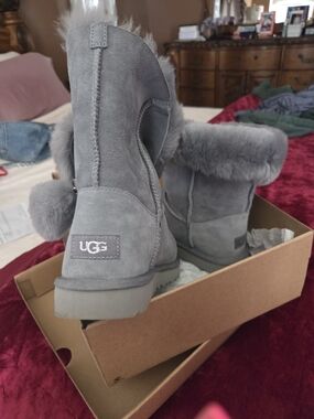 UGG Grey Suede Fur-Trim Pom-Pom Short Boots